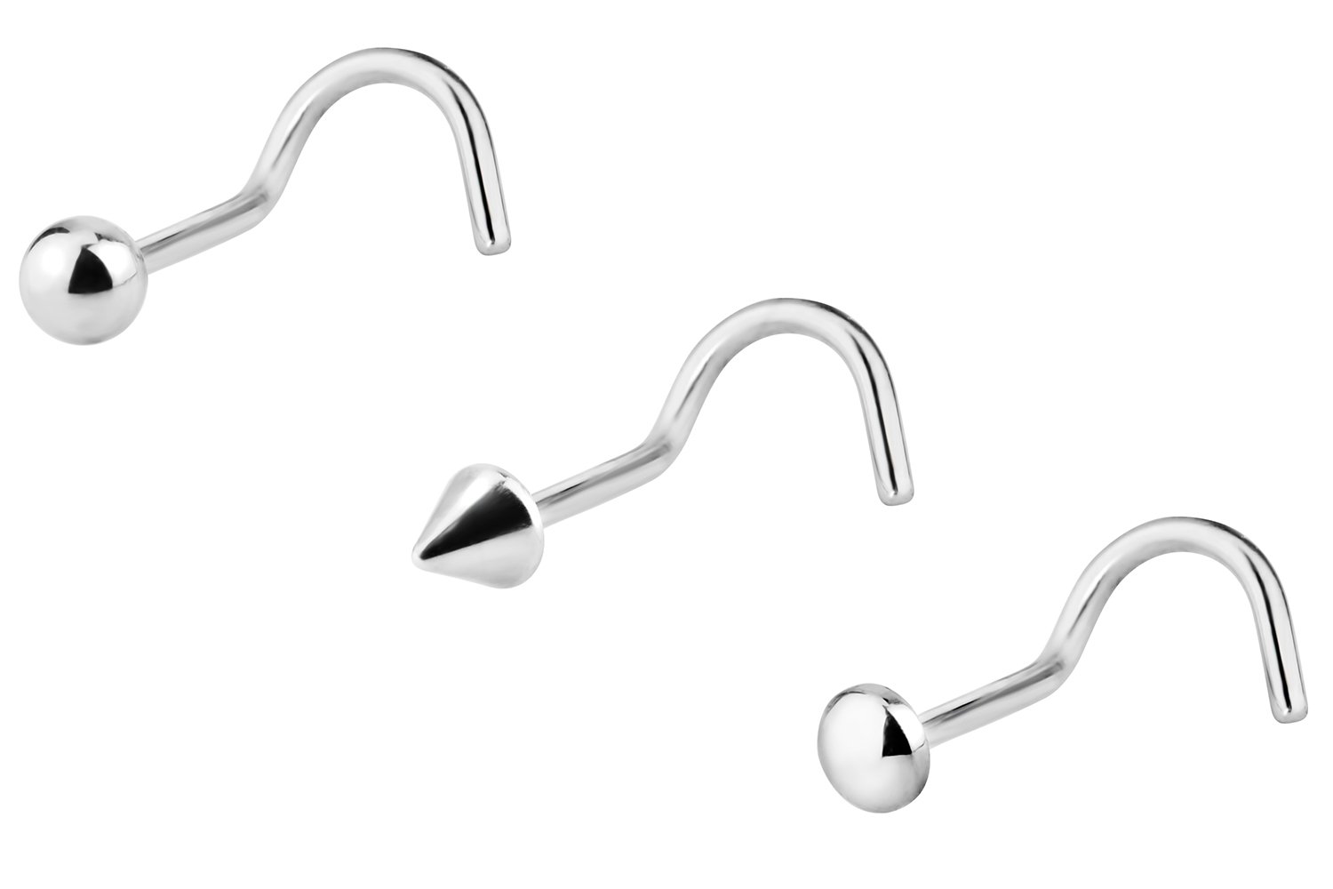 Forbidden Body Jewelry Set of 3 Nose Screws: 20g Surgical Steel Nose Rings with Ball, Button and Spike Tops