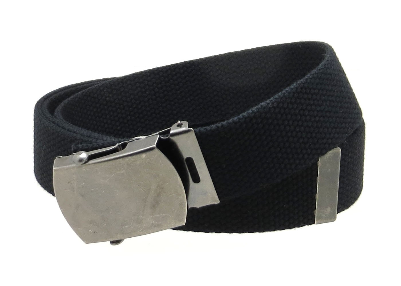 Canvas Web Belt Military Style Antique Silver Buckle/Tip Solid Color 54" Long (Black Color)