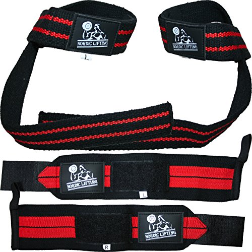 Wrist Wraps + Lifting Straps Bundle (2 Pairs) for Weightlifting, Cross Training, Workout, Gym, Powerlifting, Bodybuilding-Support for Women & Men,Avoid Injury during Weight Lifting-Red