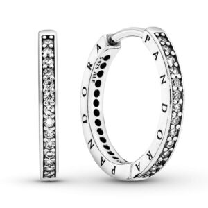 PANDORA Sparkle and PANDORA Logo Hoop Earrings - Stunning Women's Earrings - Great Gift for Her - Sterling Silver & Cubic Zirconia - 2.4 mm