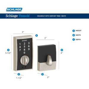 Schlage BE375 CEN 619 Touch Century Deadbolt, Electronic Keyless Entry Lock, Satin Nickel