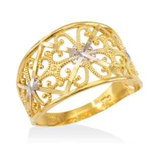 fine 10k two-tone gold milgrain edge four leaf clover filigree cocktail ring (size 11.5)