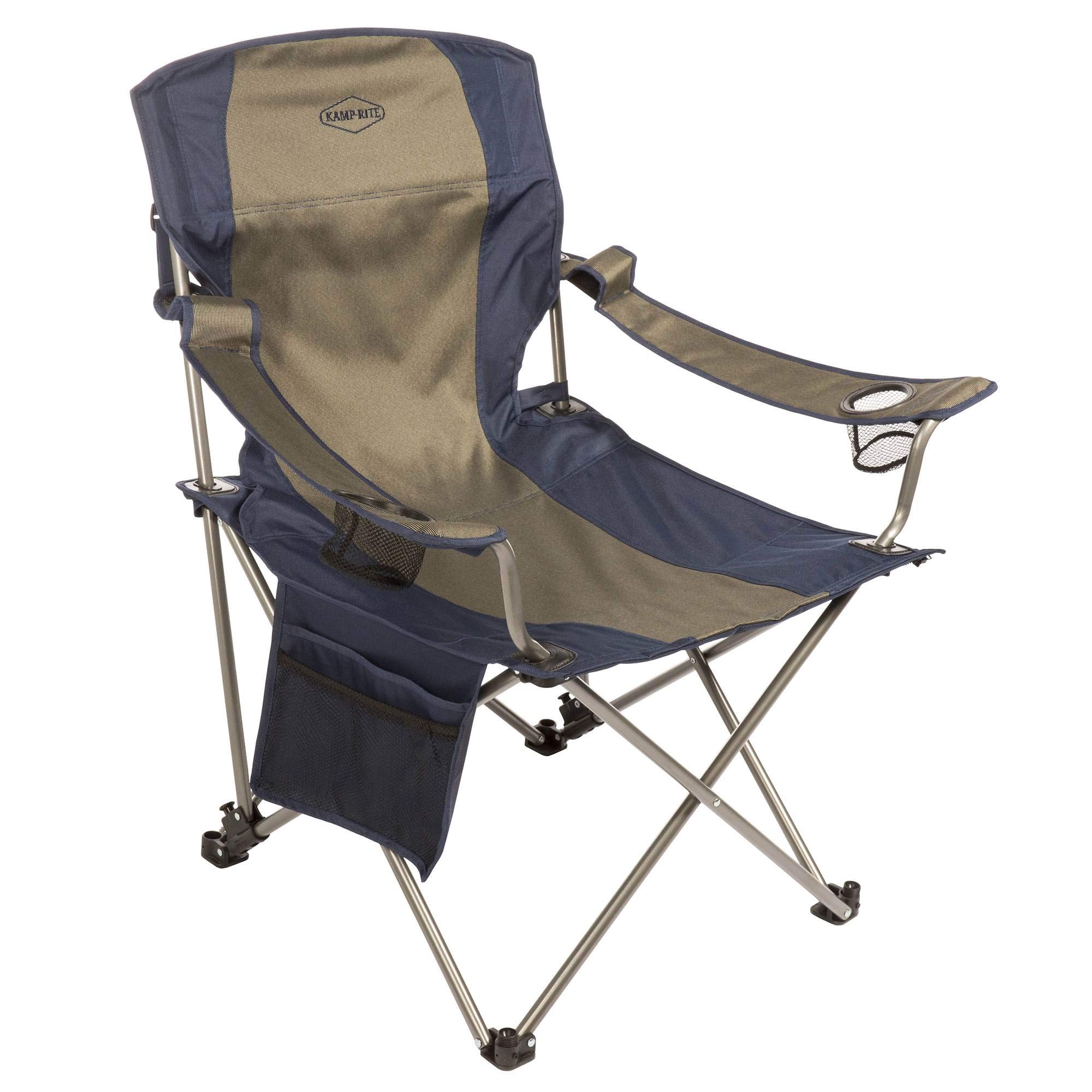 Kamp Rite Folding Camp Chair w/ 2 Cupholders and Detachable Footrest, Navy/Tan