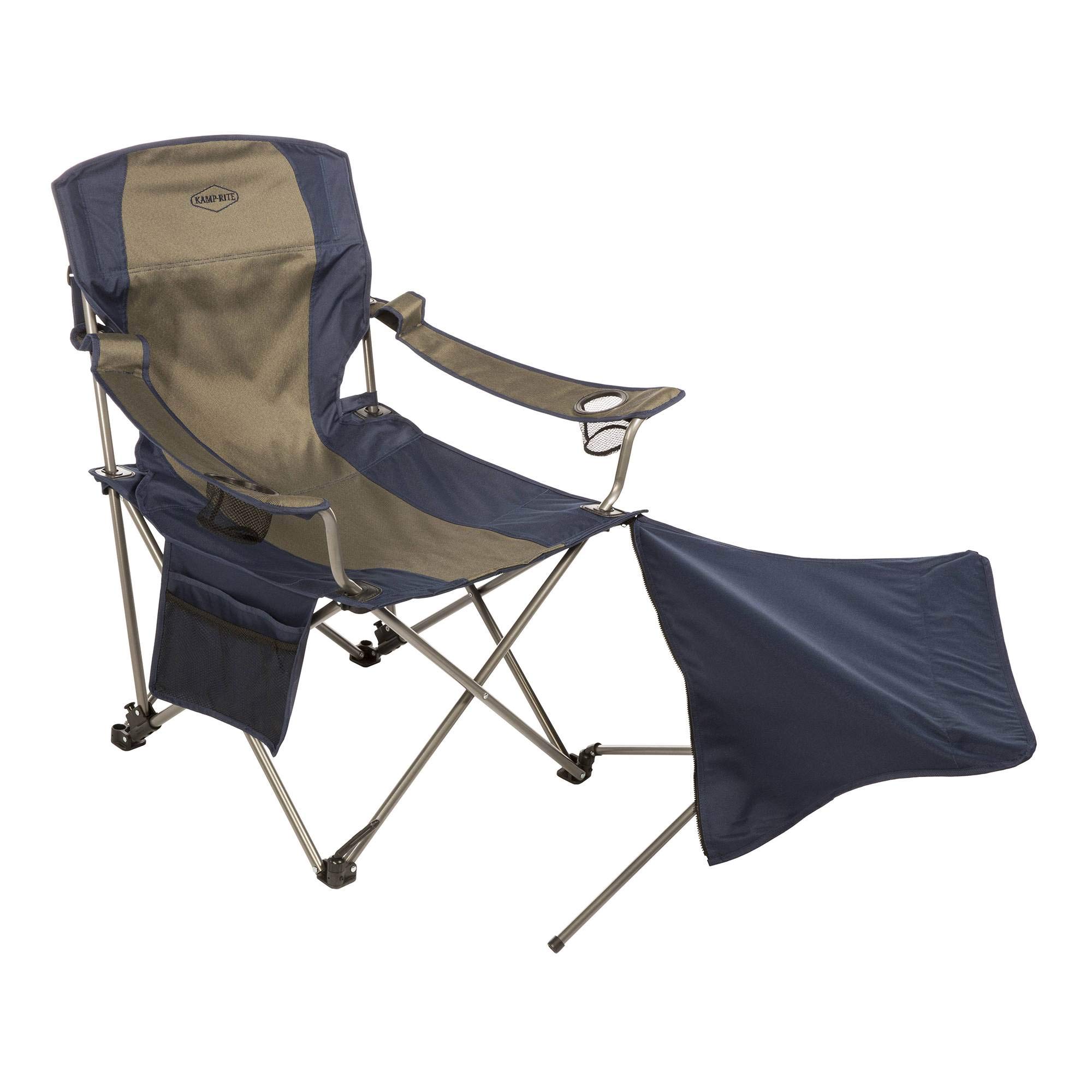 Kamp Rite Folding Camp Chair w/ 2 Cupholders and Detachable Footrest, Navy/Tan