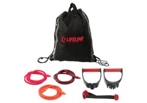 lifeline fitness variable resistance trainer kit - adjustable resistance bands for working out - home gym exercise bands with door anchor, carry bag, 3 x 5 foot and triple grip handles for upper and lower body training - low impact and durable