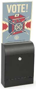 donation box, metal, slim profile, locking, holder for 8.5" x 11" sign, hardware included (black metal)