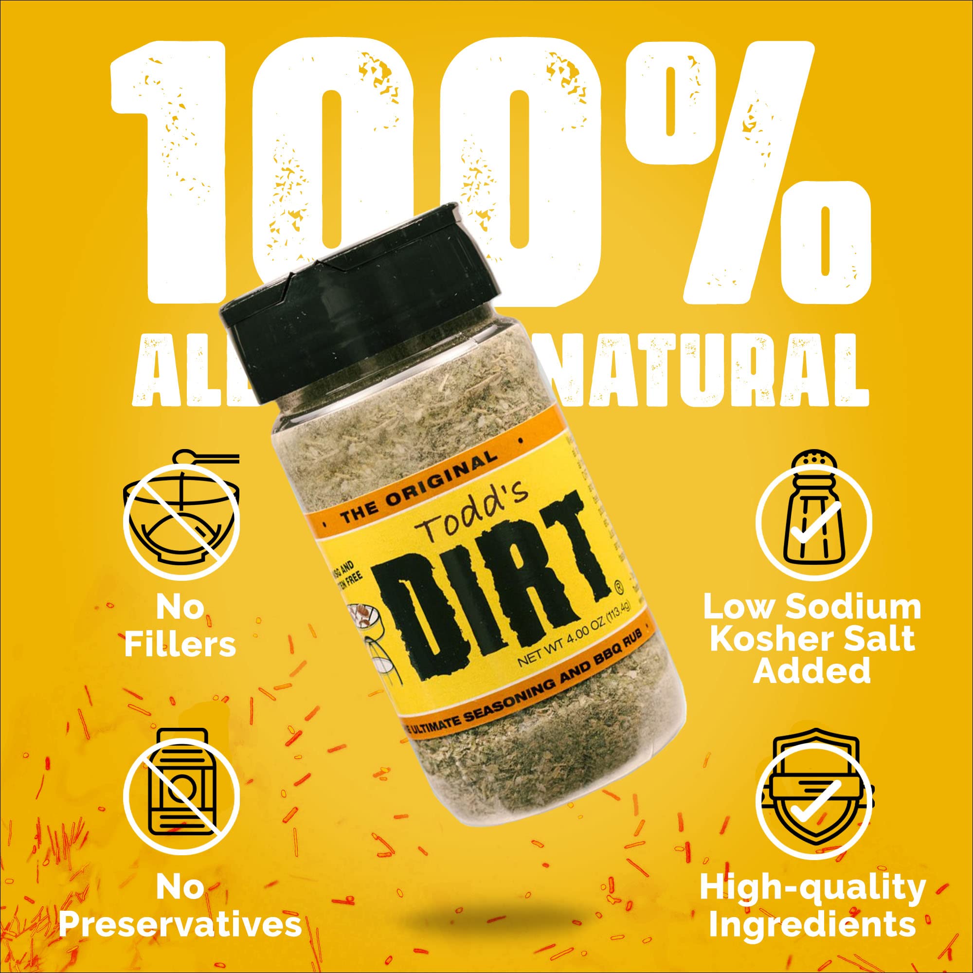 Todd’s DIRT - Original DIRT Medium 4.0 oz Bottle, All Purpose Seasoning & BBQ Rub, Gourmet Mild Savory Seasoning/Rub that’s GREAT ON EVERYTHING, 100% All Natural With No MSG & Gluten-Free