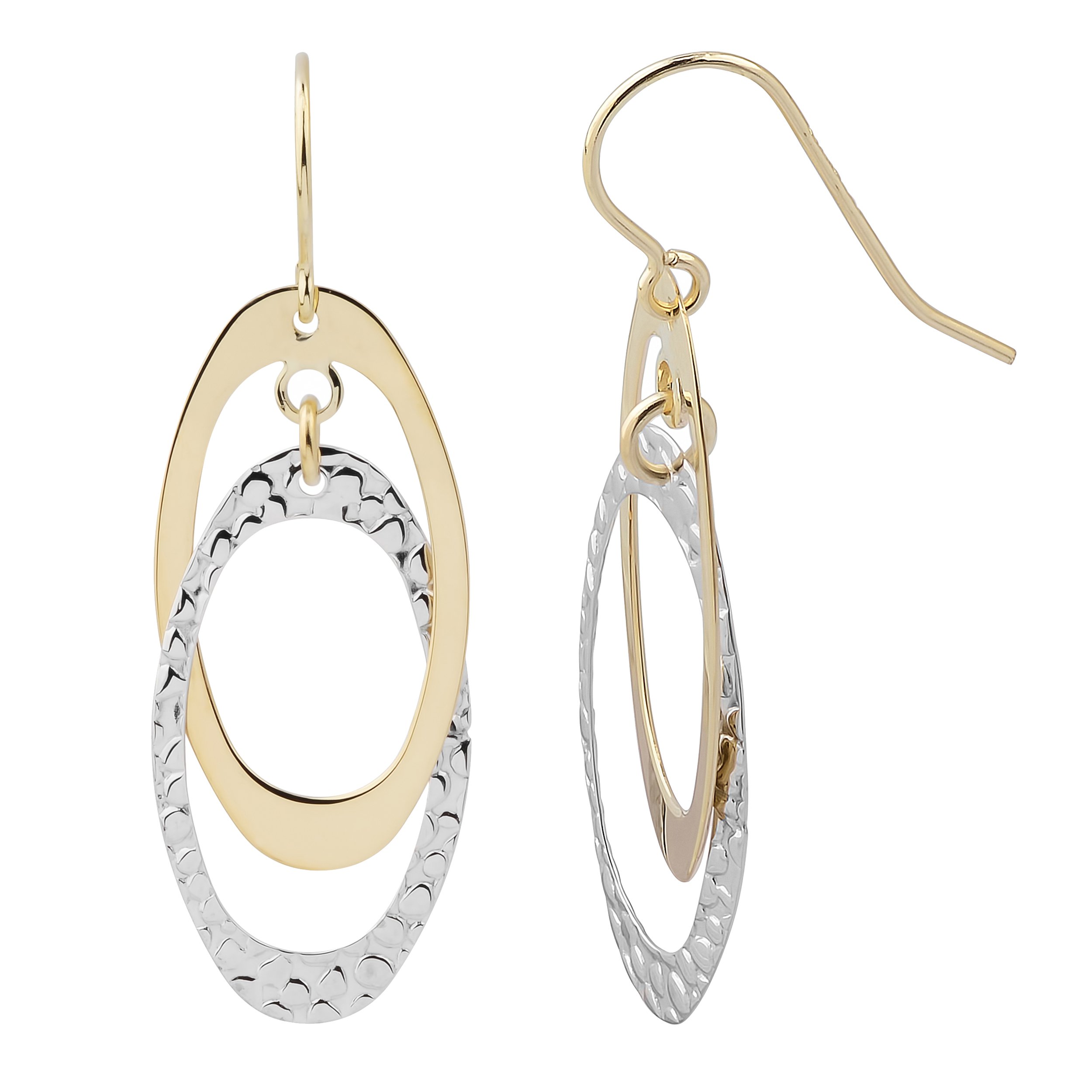 Kooljewelry 10k Two-tone Gold Textured and High Polish Overlapping Ovals Dangle Earrings