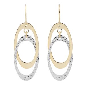 Kooljewelry 10k Two-tone Gold Textured and High Polish Overlapping Ovals Dangle Earrings