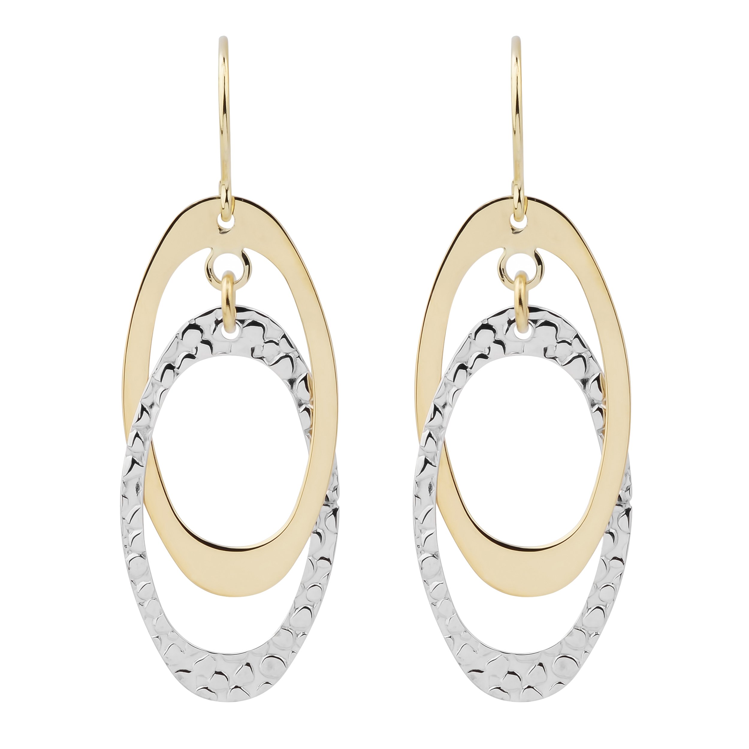 Kooljewelry 10k Two-tone Gold Textured and High Polish Overlapping Ovals Dangle Earrings