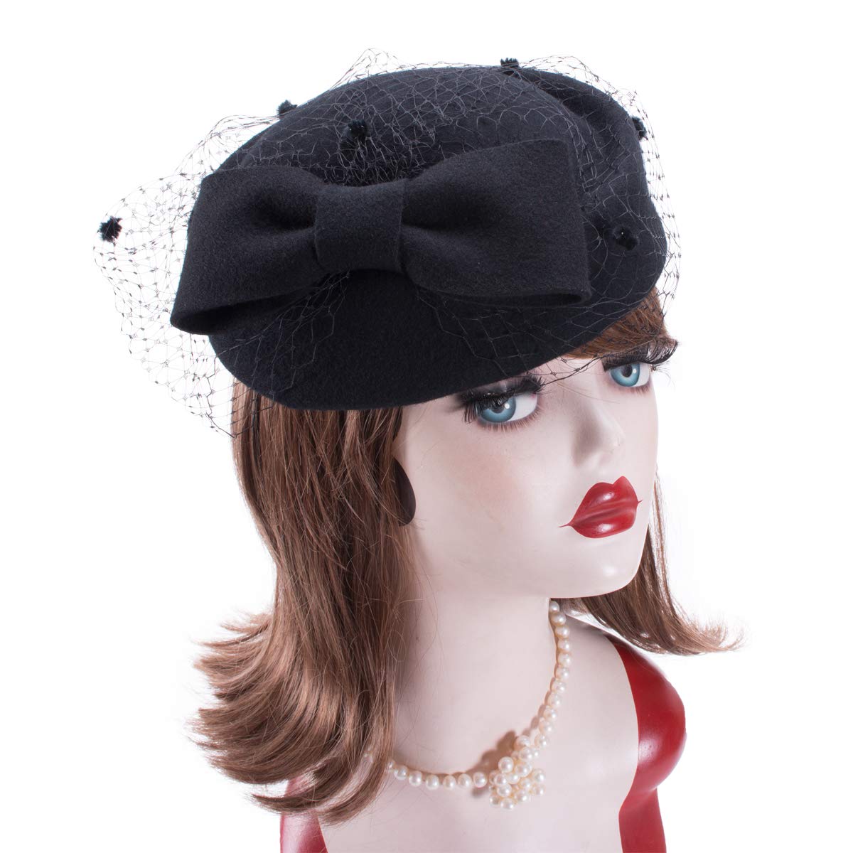 Lawliet Womens Dress Fascinator Wool Felt Pillbox Hat Party Wedding Bow Veil A080 (Black)