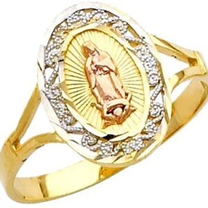 10K Yellow, White, and Rose Gold Tri-Color Our Lady of Guadalupe Immaculate Conception Catholic Oval Statement Ring - Size 13