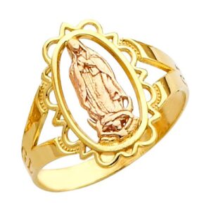 10k two-tone yellow and rose gold oval filigree-style charm blessed mother mary ring (size 6.75)