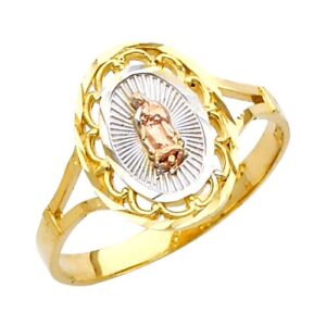 saint collection polished 14k tri-color gold oval miraculous medal charm our lady of guadalupe ring (size 9.75)