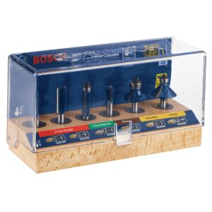 BOSCH RBS006 6-Piece 1/4 In. Shank Carbide-Tipped Multi-Purpose Router Bits Assorted Set with Included Storage Case for Applications in Straight, Trimming, Decorative Edging, Dovetail Joinery