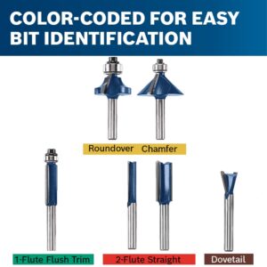 BOSCH RBS006 6-Piece 1/4 In. Shank Carbide-Tipped Multi-Purpose Router Bits Assorted Set with Included Storage Case for Applications in Straight, Trimming, Decorative Edging, Dovetail Joinery