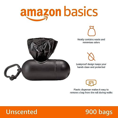 Amazon Basics Dog Poop Leak Proof Bags with Dispenser and Leash Clip, Unscented, 900 Count, 60 Pack of 15, Black, 13 Inch x 9 Inch