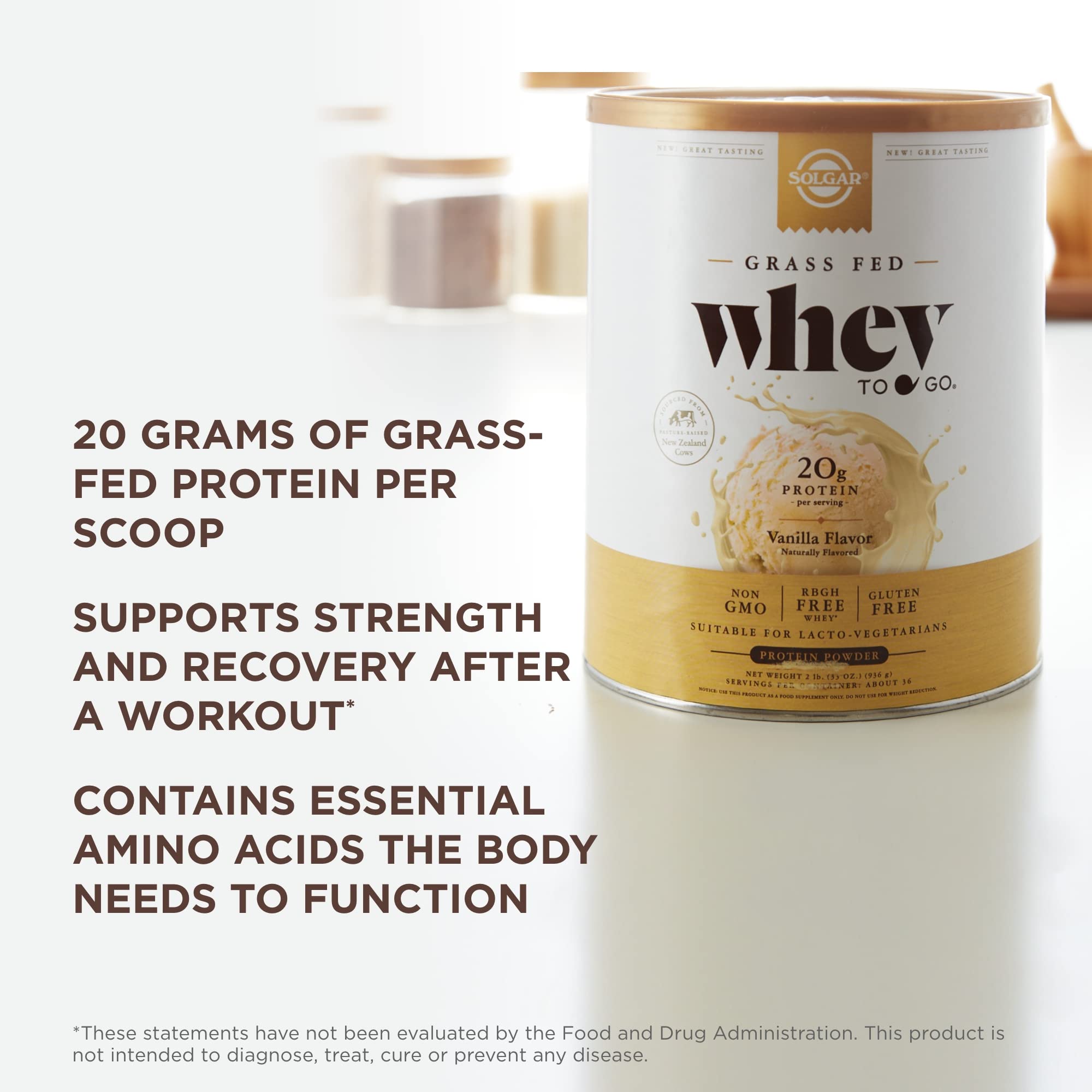 Solgar Whey To Go Whey Protein Powder, Vanilla - 33 oz - Grass-Fed Protein with L-Glutamine & BCAAs - rBGH Free, Gluten Free & Non-GMO - 36 Servings