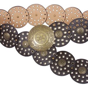 3 1/2" (90 mm) Wide Ladies Wide Boho Disc Concho Leather Belt, Dark Brown | S - 39 END-TO-END