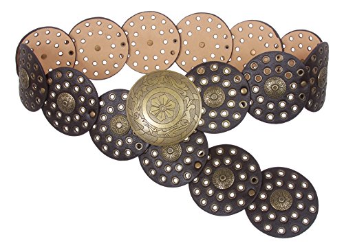 3 1/2" (90 mm) Wide Ladies Wide Boho Disc Concho Leather Belt, Dark Brown | S - 39 END-TO-END