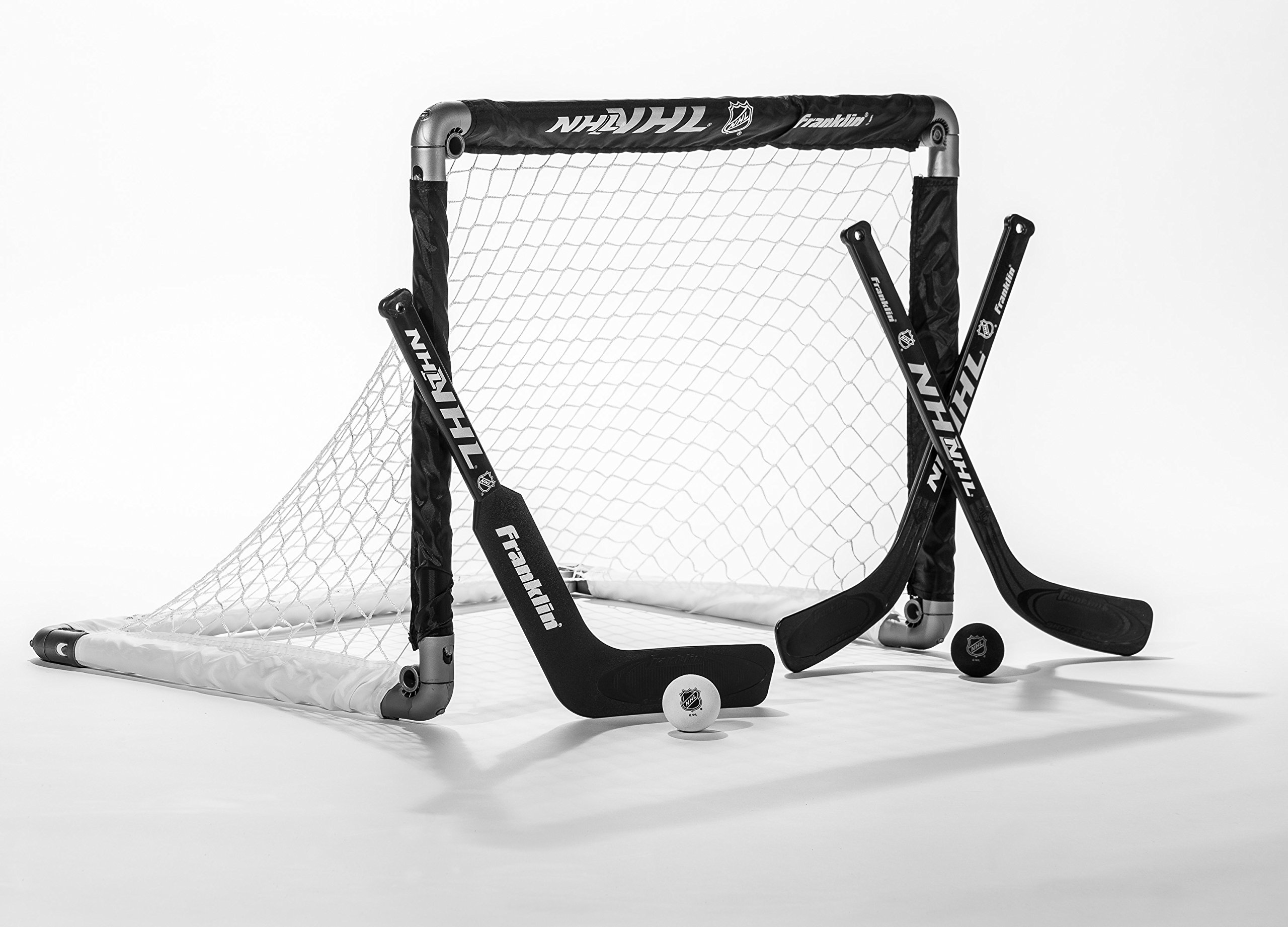 Franklin Sports NHL Mini Hockey Goal Set of 2 - Black - Includes Mini Hockey Goals, 4 Hockey Sticks, 2 Goalie Sticks, and 4 Foam Hockey Balls