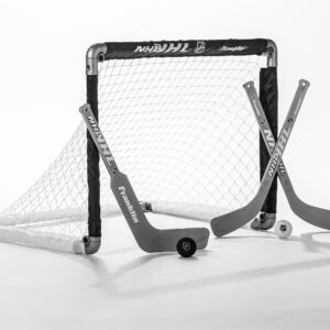 Franklin Sports NHL Mini Hockey Goal Set of 2 - Black - Includes Mini Hockey Goals, 4 Hockey Sticks, 2 Goalie Sticks, and 4 Foam Hockey Balls