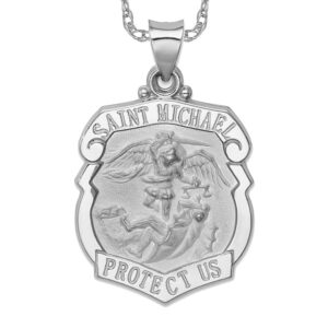 IceCarats 14K White Gold Saint Michael Medal Protects Us Patron Archangel Guardian Angel Necklace Christian Religious Pendant Faith Charm 33mm x 22mm Only