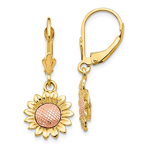 14K Two Tone Gold Sunflower Daisy Flowers Drop Dangle Earrings Sunshine Summer Jewelry