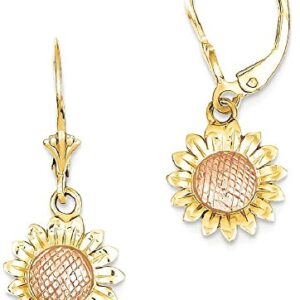 14K Two Tone Gold Sunflower Daisy Flowers Drop Dangle Earrings Sunshine Summer Jewelry