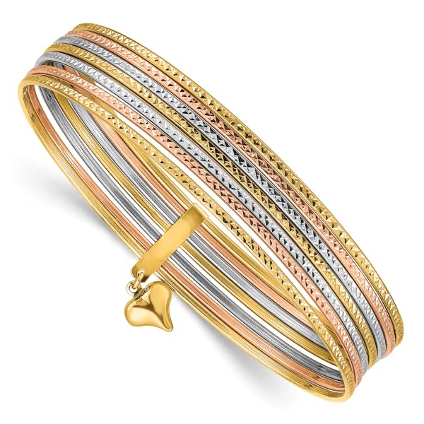 IceCarats 14K Dangling Heart Love Tri Color Gold Set of 7 Slip On Bangle Bracelet