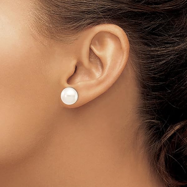 14K White Gold 11mm Button Freshwater Cultured Pearl Stud Earrings