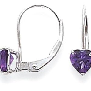 14K White Gold 5mm Heart Love Purple Amethyst Drop Dangle Earrings Gemstone February Birthstone Jewelry