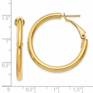 14K Yellow Gold 3x25mm Round Omega Clip Back Post Hoop Earrings