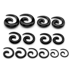 PiercingJ 14pcs 12G-00G Uv Acrylic Spiral Snail Plug Ear Stretching Kit (Many Colors) (Black)