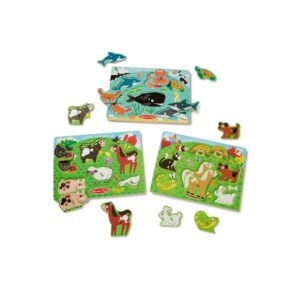 Melissa & Doug Animals Wooden Peg Puzzles Set - Farm, Pets, and Ocean - Animal Puzzles, Peg Puzzles For Toddlers Ages 2+