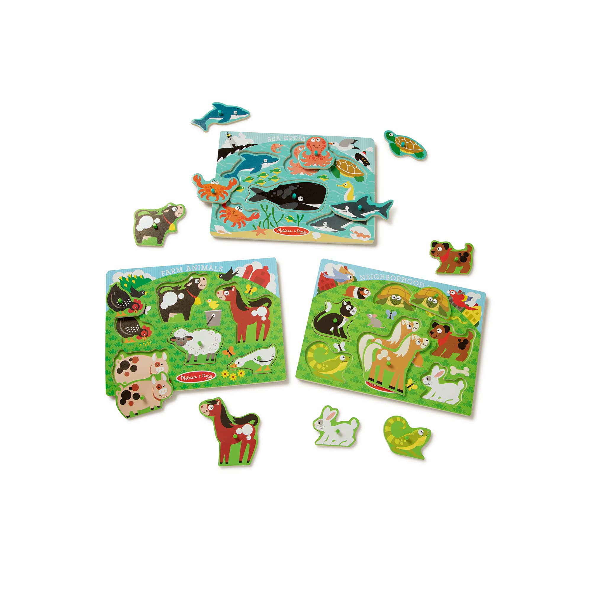 Melissa & Doug Animals Wooden Peg Puzzles Set - Farm, Pets, and Ocean - Animal Puzzles, Peg Puzzles For Toddlers Ages 2+