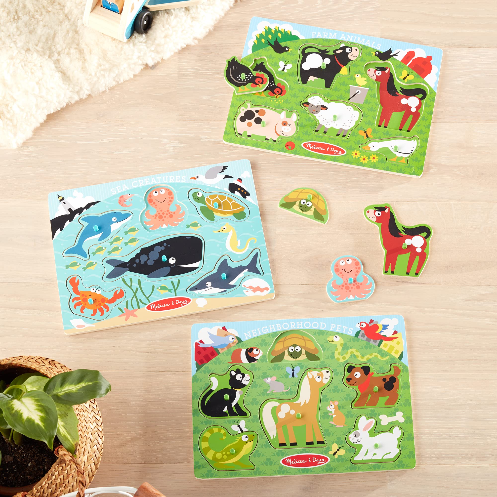 Melissa & Doug Animals Wooden Peg Puzzles Set - Farm, Pets, and Ocean - Animal Puzzles, Peg Puzzles For Toddlers Ages 2+