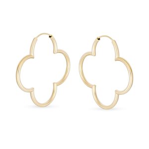 clover flower shaped thin tube endless hoop earrings for women polished 14k gold plated .925 sterling silver 1.5 in