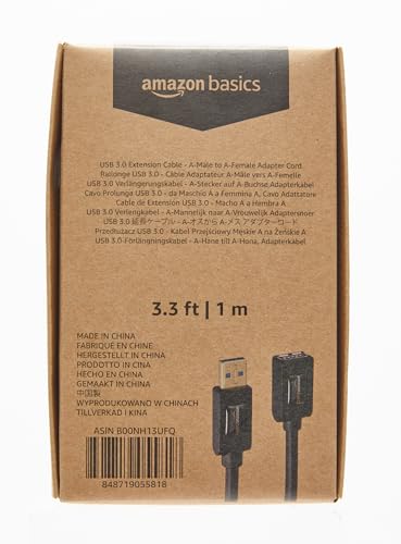 Amazon Basics USB-A 3.0 Extension Cable, 4.8Gbps High-Speed, Male to Female Gold-Plated Connectors, 3.3 Foot, Black