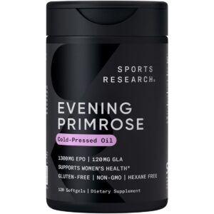 sports research evening primrose supplement from cold pressed oil - softgels for women’s health & skin health - gluten free & non-gmo gla - high potency 1300mg, 120 count