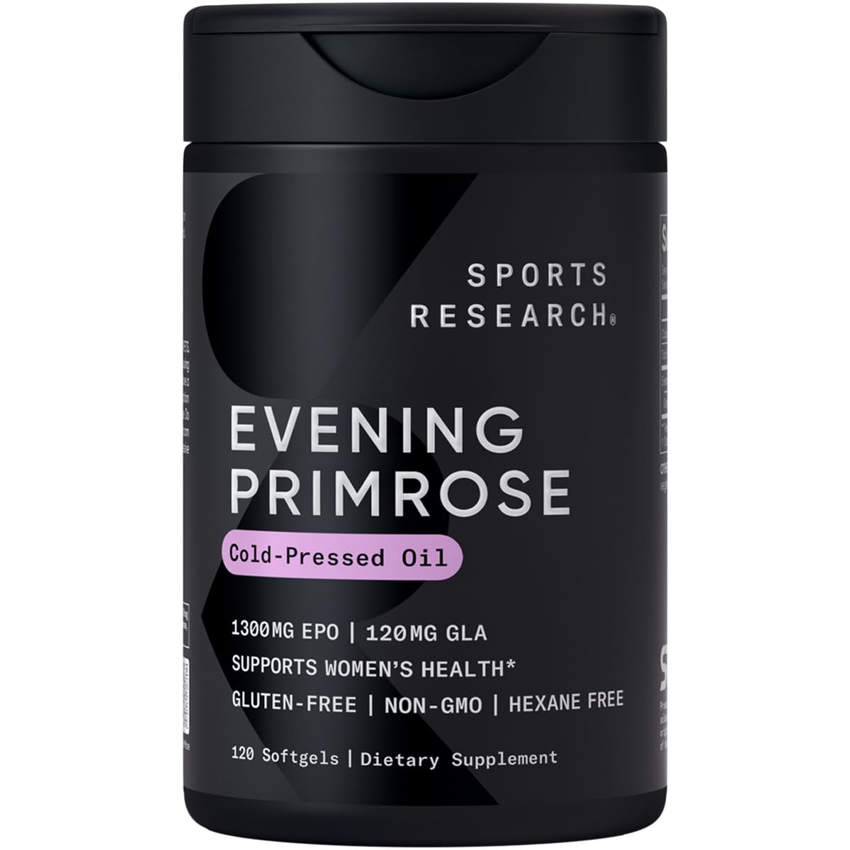 Sports Research Evening Primrose Supplement from Cold Pressed Oil - Softgels for Women’s Health & Skin Health - Gluten Free & Non-GMO GLA - High Potency 1300mg, 120 Count