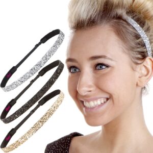 hipsy women's adjustable no slip skinny bling glitter headband multi 3pk (black/gold/silver)