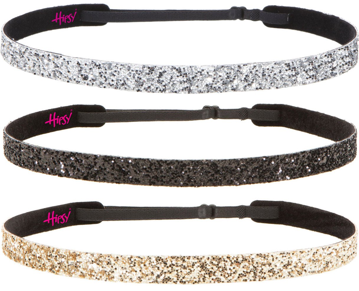 Hipsy Women's Adjustable NO SLIP Skinny Bling Glitter Headband Multi 3pk (Black/Gold/Silver)