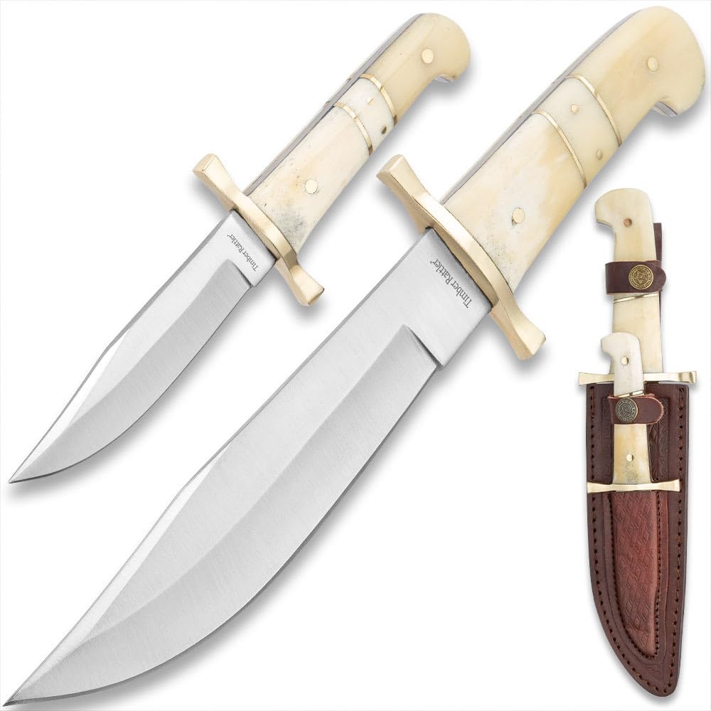 Timber Rattler 2-Piece Bowie Knife Set | Stainless Steel Blades | Two-Piece Fixed Blade Set | Camel Bone Handles | Leather Twin Sheath | For Outdoors and Hunting | For Everyday Use | 12" and 8" Overall