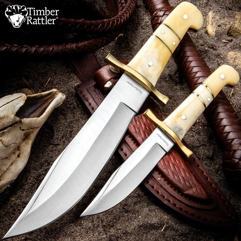 Timber Rattler 2-Piece Bowie Knife Set | Stainless Steel Blades | Two-Piece Fixed Blade Set | Camel Bone Handles | Leather Twin Sheath | For Outdoors and Hunting | For Everyday Use | 12" and 8" Overall