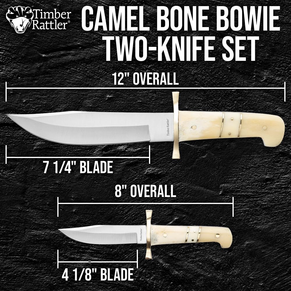 Timber Rattler 2-Piece Bowie Knife Set | Stainless Steel Blades | Two-Piece Fixed Blade Set | Camel Bone Handles | Leather Twin Sheath | For Outdoors and Hunting | For Everyday Use | 12" and 8" Overall