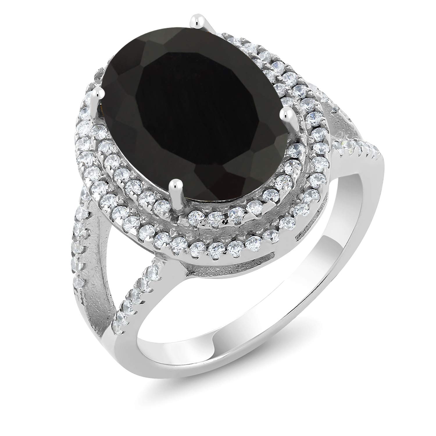 GemStoneKing 6.44 Carat 14X10MM Oval Natural Genuine Black Onyx Women's Ring Solid 925 Sterling Silver Cocktail Ring , Black and White , (SIZE 9)