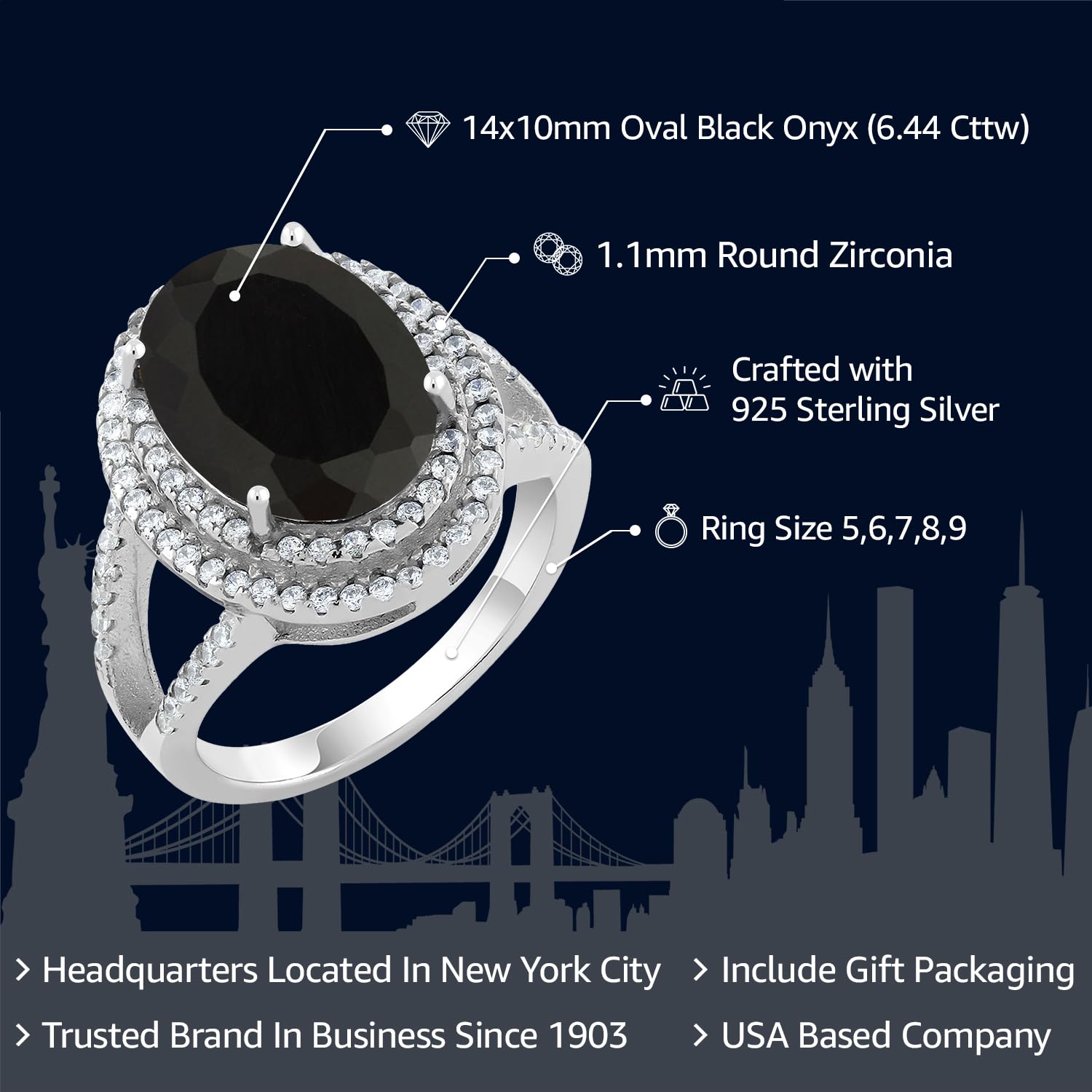 GemStoneKing 6.44 Carat 14X10MM Oval Natural Genuine Black Onyx Women's Ring Solid 925 Sterling Silver Cocktail Ring , Black and White , (SIZE 9)