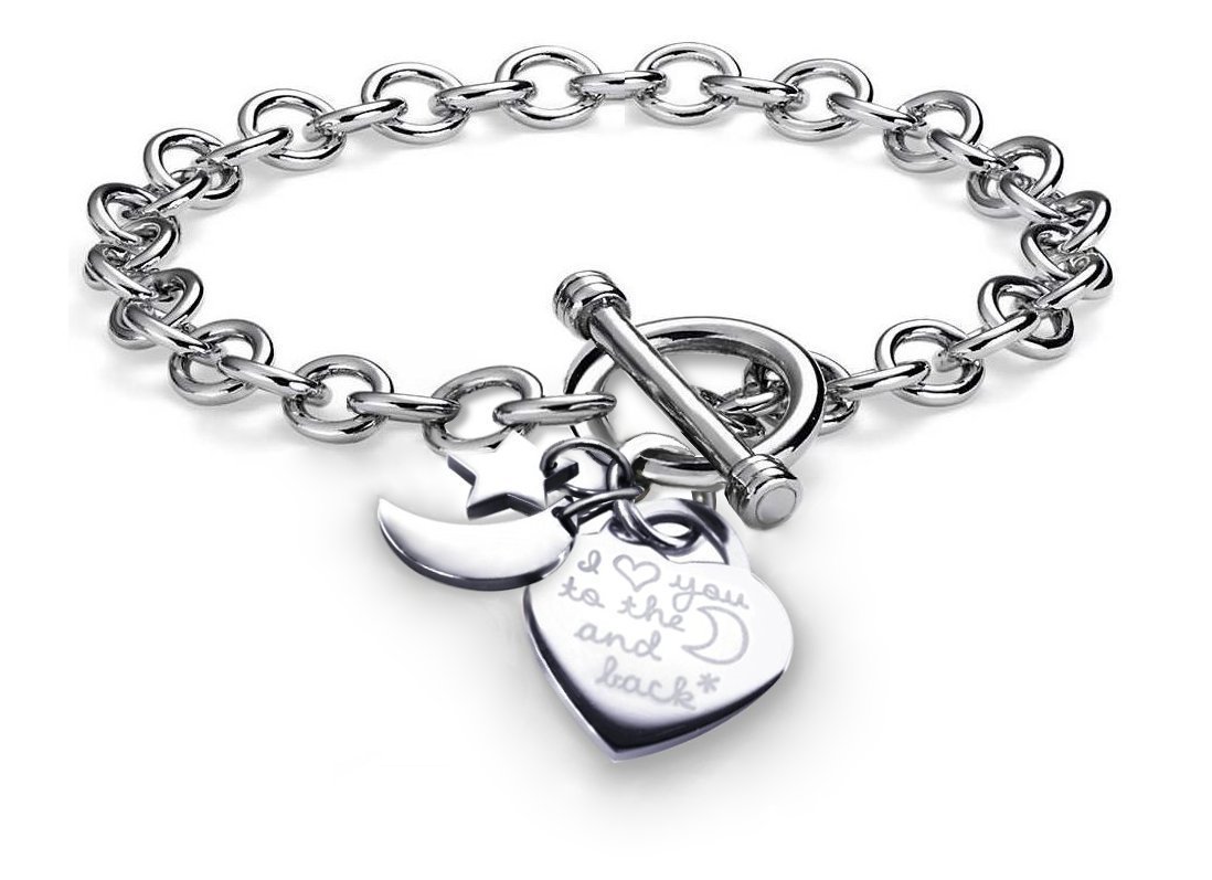 Pearlina Charms Bracelet Heart Toggle I Love You To The Moon and Back Stainless Steel Chain 7.5"