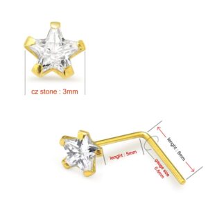 PiercingPoint 9ct Solid Yellow Gold Claw Set 3MM Star CZ Stone 22Gauge(0.6MM) Length L-Shape Nose Stud